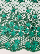 3D Floral Pearl Fabric - Hunter Green - 3D Triangle Flower Design on Mesh By Yard