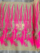 Phoenix Feather Sequins - Hot Pink / Matte Gold  - 4 Way Stretch Phoenix Pattern Fashion Design Fabric