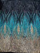 Multi-Color Fabric - Black/Turquoise/Silver - Feather Shape Sequins Fabric Sold By Yard
