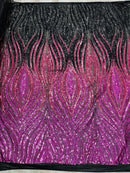 Multi-Color Fabric - Magenta/Black - Feather Shape Sequins Fabric Sold By Yard
