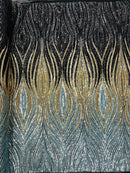 Multi-Color Fabric - Black/Gold/Silver - Feather Shape Sequins Fabric Sold By Yard