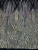 Multi-Color Fabric - Black/Rose/Light Gold - Feather Shape Sequins Fabric Sold By Yard