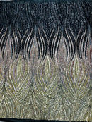 Multi-Color Fabric - Black/Rose/Light Gold - Feather Shape Sequins Fabric Sold By Yard