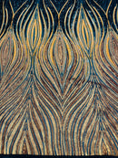 Multi-Color Fabric - Navy/Yellow/Gold - Feather Shape Sequins Fabric Sold By Yard