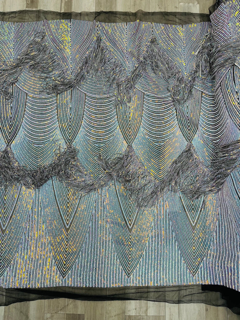 Fringe Sequins Fabric - Unicorn - 2 Way Stretch Glamorous Fringe Design on Mesh By Yard