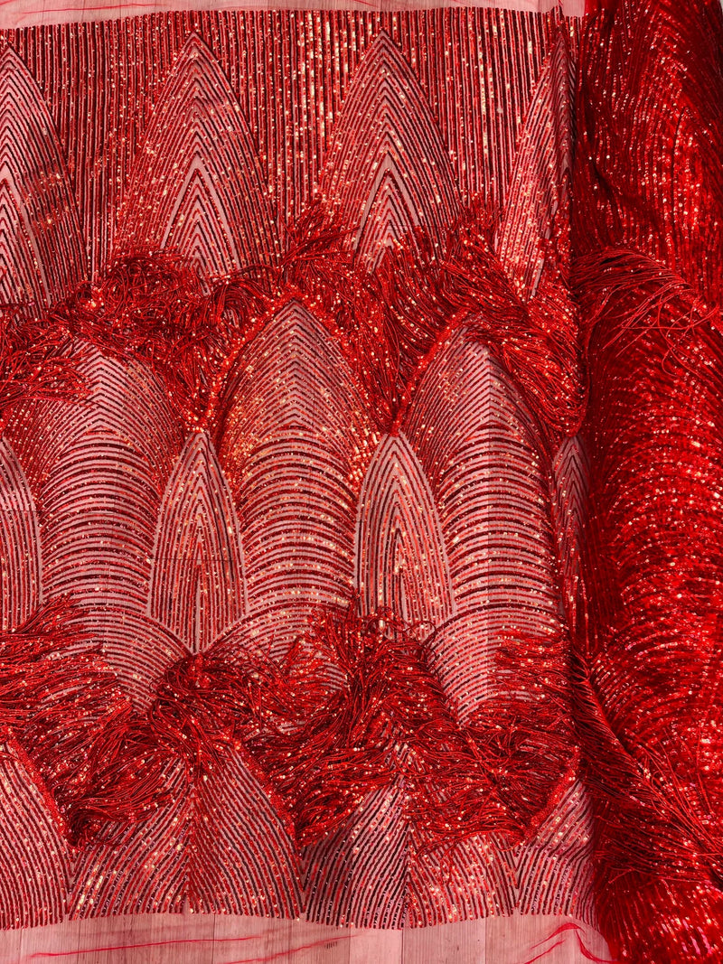 Fringe Sequins Fabric - Red - 2 Way Stretch Glamorous Fringe Design on Mesh By Yard