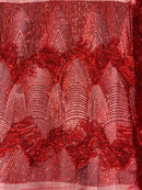 Fringe Sequins Fabric - Red - 2 Way Stretch Glamorous Fringe Design on Mesh By Yard
