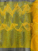 Fringe Sequins Fabric - Yellow - 2 Way Stretch Glamorous Fringe Design on Mesh By Yard