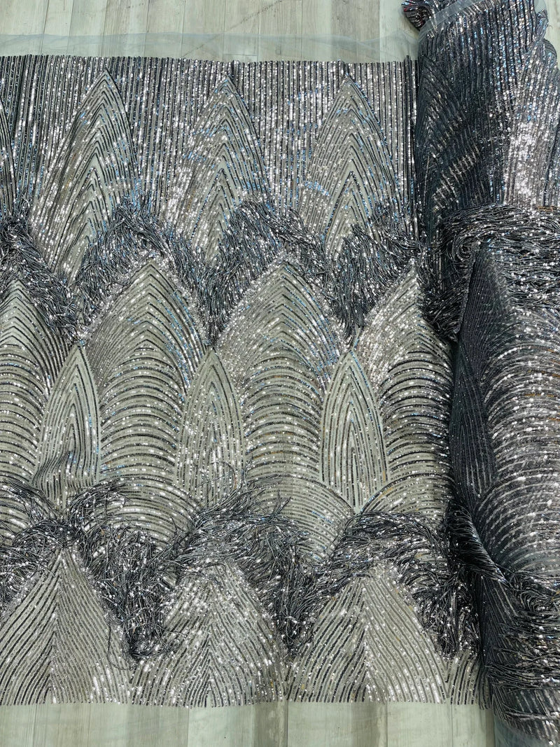 Fringe Sequins Fabric - Gray Silver - 2 Way Stretch Glamorous Fringe Design on Mesh By Yard