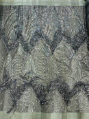 Fringe Sequins Fabric - Gray Silver - 2 Way Stretch Glamorous Fringe Design on Mesh By Yard