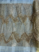 Fringe Sequins Fabric - Gold - 2 Way Stretch Glamorous Fringe Design on Mesh By Yard