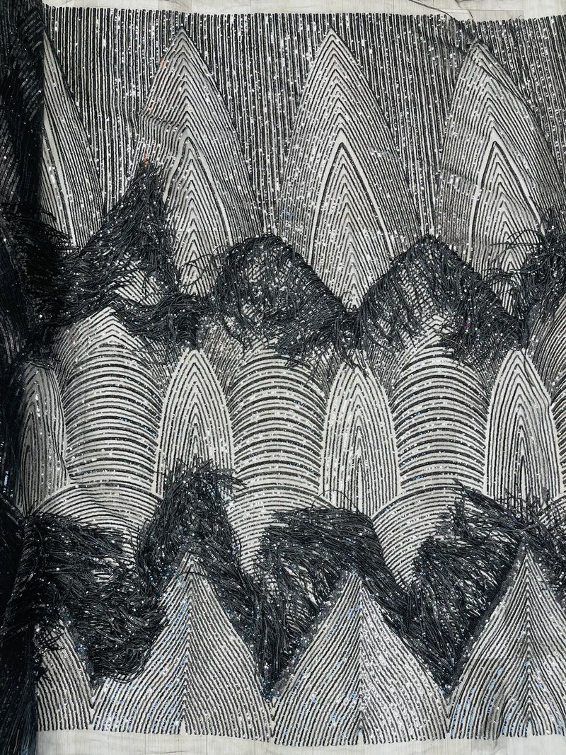 Fringe Sequins Fabric - Black - 2 Way Stretch Glamorous Fringe Design on Mesh By Yard