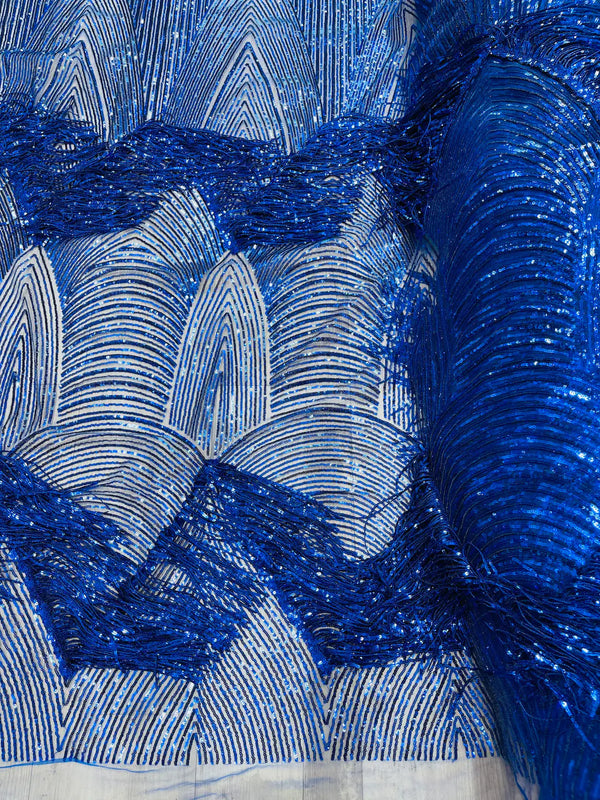 Fringe Sequins Fabric - Royal Blue - 2 Way Stretch Glamorous Fringe Design on Mesh By Yard
