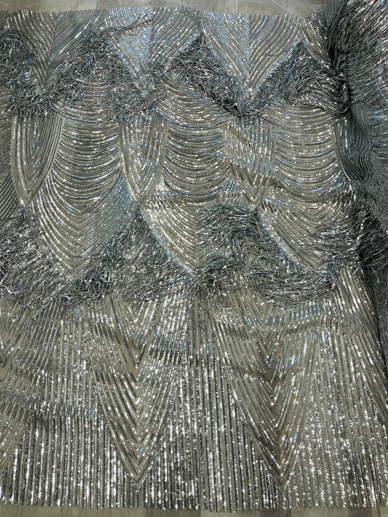 Fringe Sequins Fabric - Silver - 2 Way Stretch Glamorous Fringe Design on Mesh By Yard