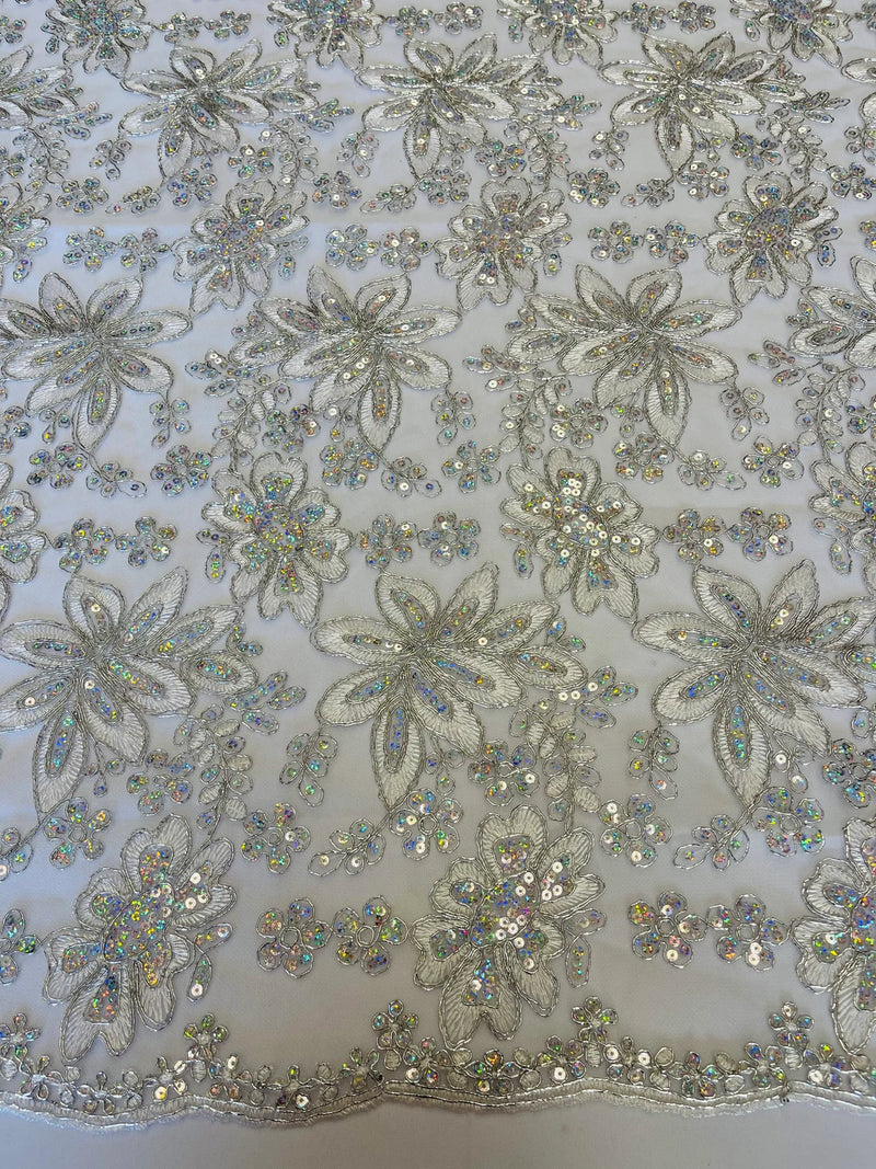 Holographic Sequins Lace - Silver - Flower Sequins Lace Design w/ Metallic Thread by Yard