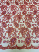 Holographic Sequins Lace - Dusty Rose - Flower Sequins Lace Design w/ Metallic Thread by Yard