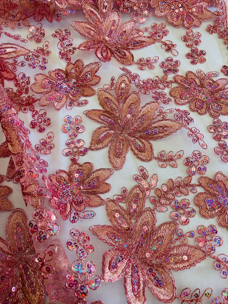 Holographic Sequins Lace - Dusty Rose - Flower Sequins Lace Design w/ Metallic Thread by Yard