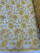 Holographic Sequins Lace - Gold - Flower Sequins Lace Design w/ Metallic Thread by Yard