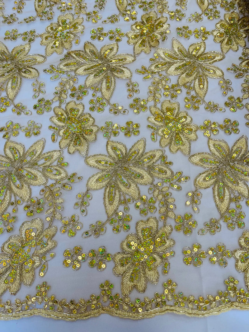 Holographic Sequins Lace - Gold - Flower Sequins Lace Design w/ Metallic Thread by Yard