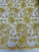 Holographic Sequins Lace - Gold - Flower Sequins Lace Design w/ Metallic Thread by Yard