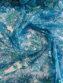 Holographic Sequins Lace - Turquoise - Flower Sequins Lace Design w/ Metallic Thread by Yard