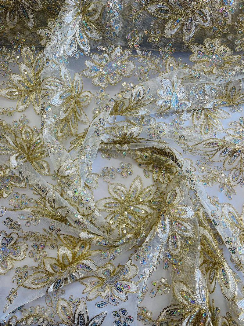 Holographic Sequins Lace - Ivory / Gold - Flower Sequins Lace Design w/ Metallic Thread by Yard