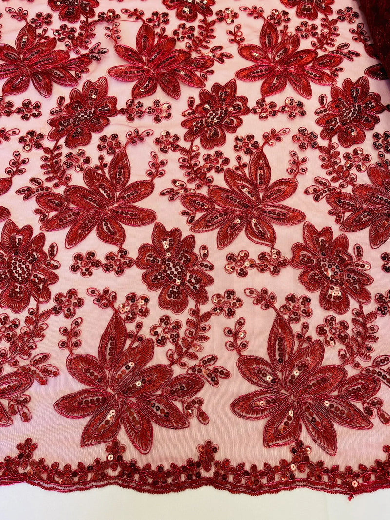 Holographic Sequins Lace - Burgundy - Flower Sequins Lace Design w/ Metallic Thread by Yard