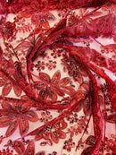 Holographic Sequins Lace - Burgundy - Flower Sequins Lace Design w/ Metallic Thread by Yard