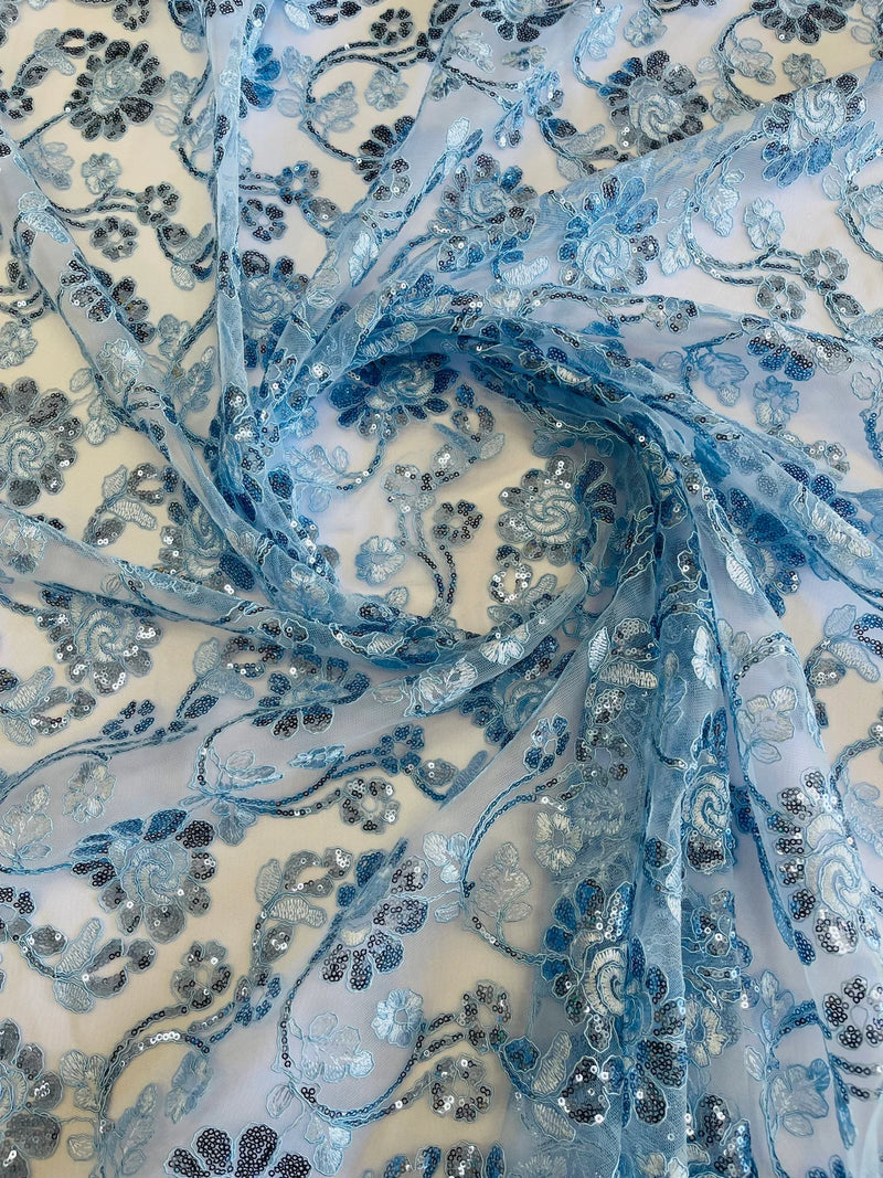 Embroidered Flower Lace - Baby Blue - Corded Floral Lace With Sequins Sold By Yard