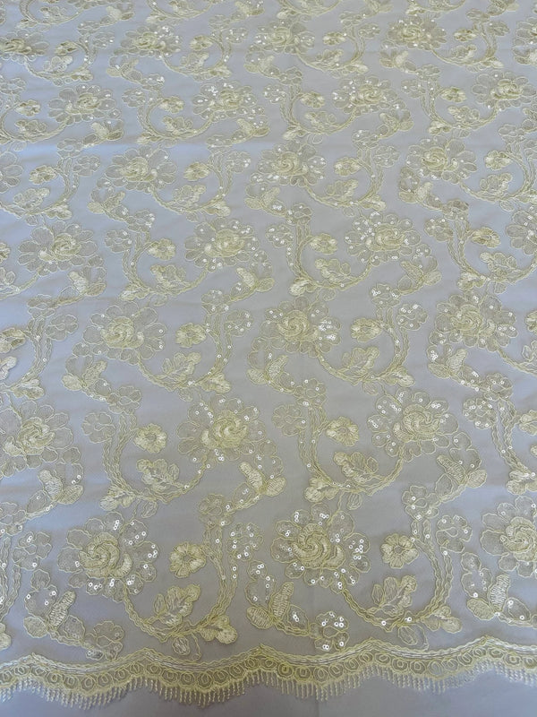 Embroidered Flower Lace - Ivory - Corded Floral Lace With Sequins Sold By Yard