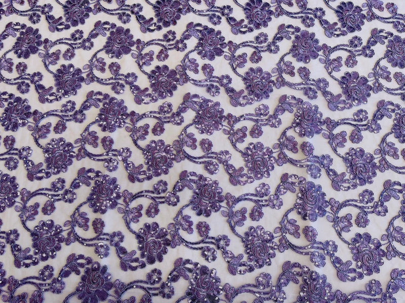 Embroidered Flower Lace - Lilac - Corded Floral Lace With Sequins Sold By Yard