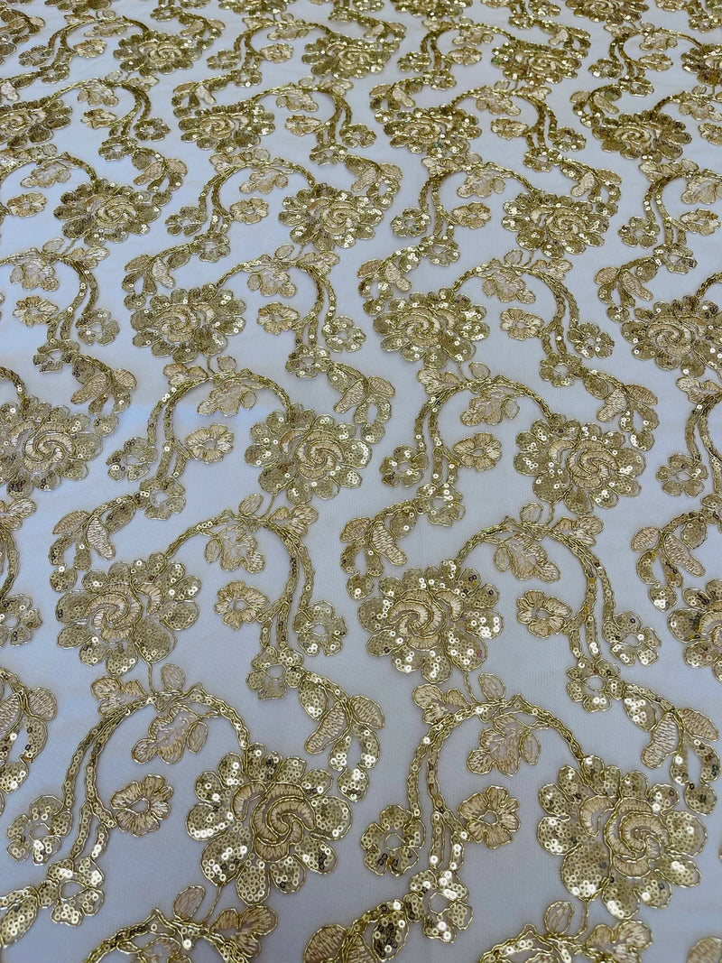 Embroidered Flower Lace - Champagne - Corded Floral Lace With Sequins Sold By Yard