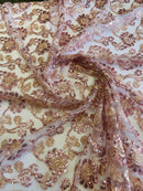 Embroidered Flower Lace - Rose - Corded Floral Lace With Sequins Sold By Yard
