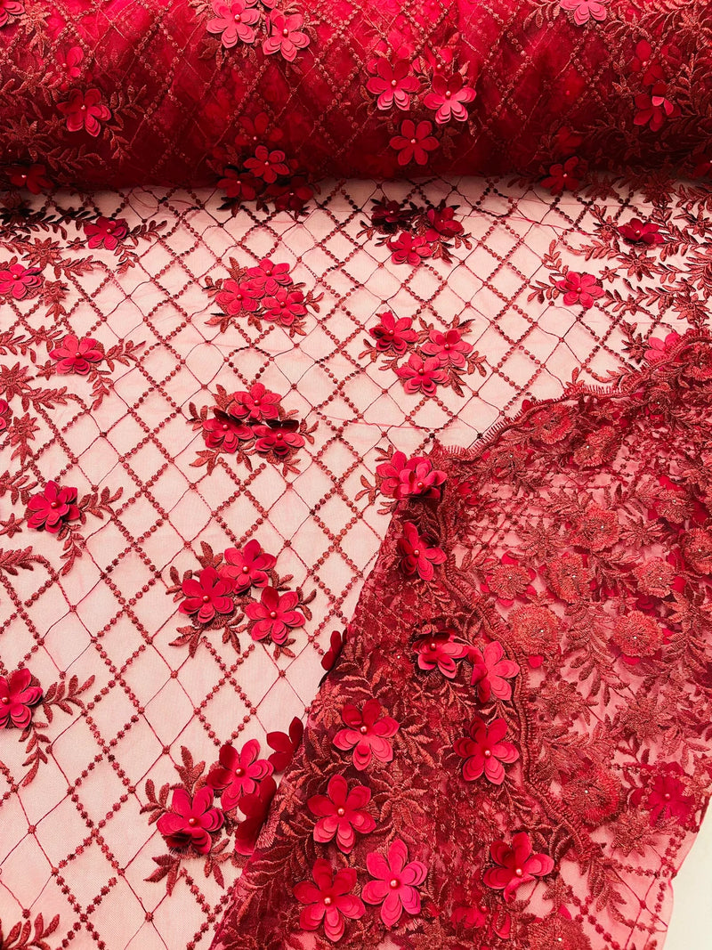 3D Floral Pearl Fabric - Burgundy - 3D Triangle Flower Design on Mesh By Yard