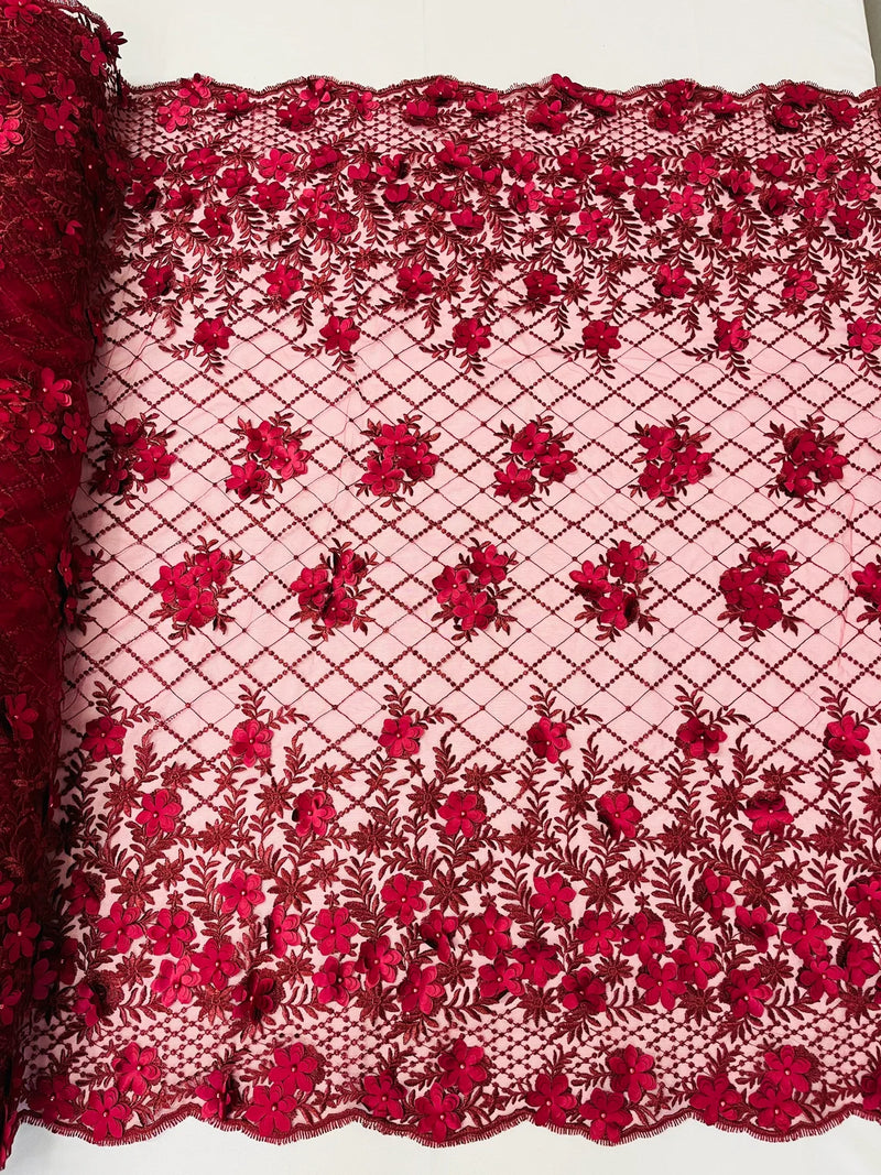 3D Floral Pearl Fabric - Burgundy - 3D Triangle Flower Design on Mesh By Yard