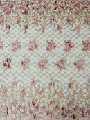 3D Floral Pearl Fabric - Dusty Rose - 3D Triangle Flower Design on Mesh By Yard