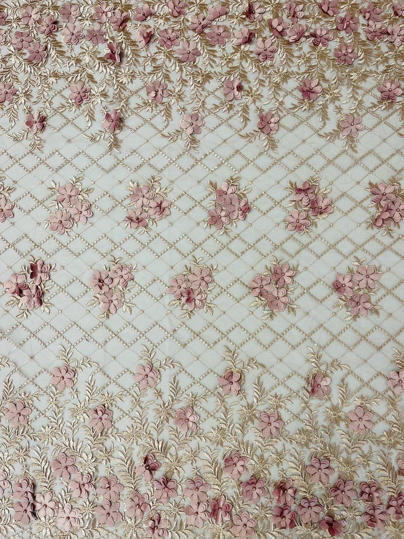 3D Floral Pearl Fabric - Dusty Rose - 3D Triangle Flower Design on Mesh By Yard