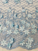 3D Floral Pearl Fabric - Baby Blue - 3D Triangle Flower Design on Mesh By Yard