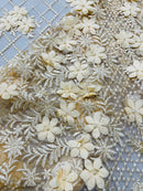 3D Floral Pearl Fabric - Champagne - 3D Triangle Flower Design on Mesh By Yard