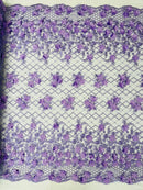 3D Floral Pearl Fabric - Lilac - 3D Triangle Flower Design on Mesh By Yard