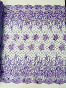 3D Floral Pearl Fabric - Lilac - 3D Triangle Flower Design on Mesh By Yard