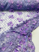3D Floral Pearl Fabric - Lilac - 3D Triangle Flower Design on Mesh By Yard