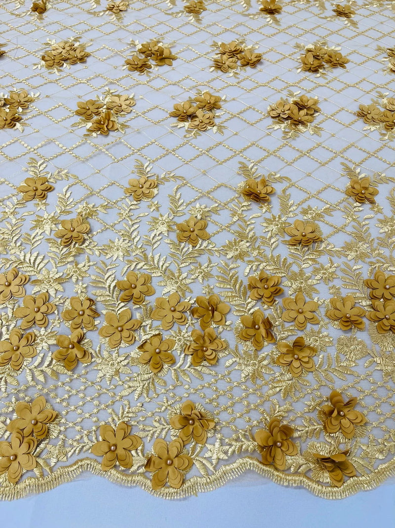 3D Floral Pearl Fabric - Gold - 3D Triangle Flower Design on Mesh By Yard