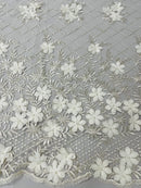 3D Floral Pearl Fabric - Ivory - 3D Triangle Flower Design on Mesh By Yard
