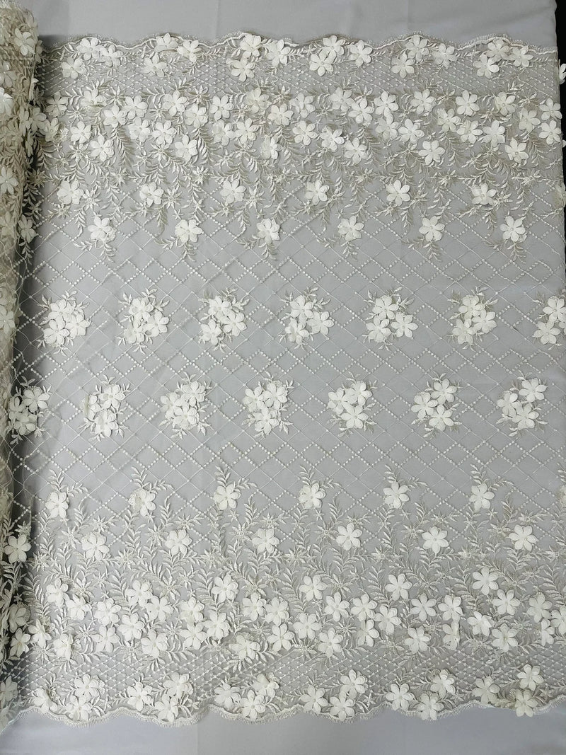 3D Floral Pearl Fabric - Ivory - 3D Triangle Flower Design on Mesh By Yard