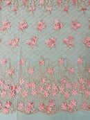 3D Floral Pearl Fabric - Pink - 3D Triangle Flower Design on Mesh By Yard