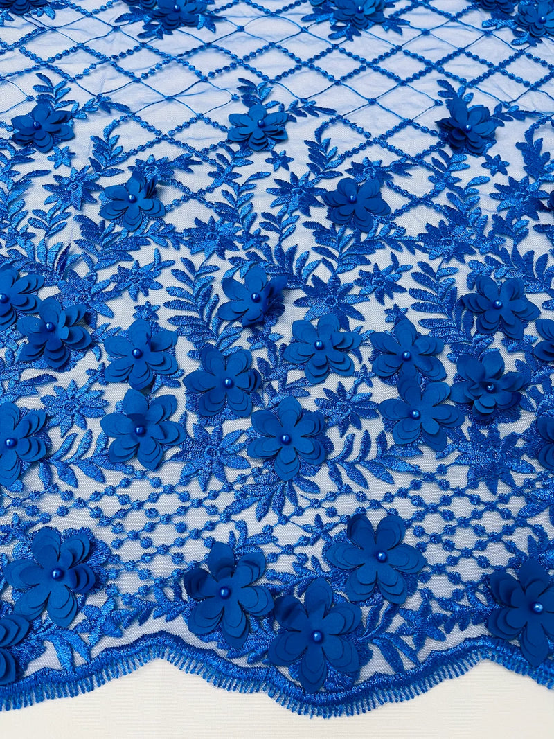 3D Floral Pearl Fabric - Royal Blue - 3D Triangle Flower Design on Mesh By Yard