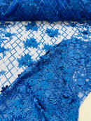 3D Floral Pearl Fabric - Royal Blue - 3D Triangle Flower Design on Mesh By Yard
