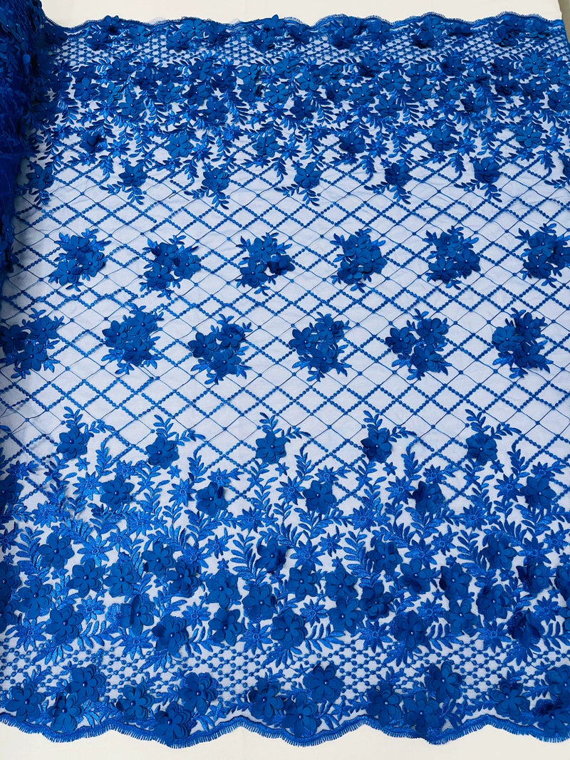 3D Floral Pearl Fabric - Royal Blue - 3D Triangle Flower Design on Mesh By Yard