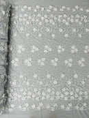 3D Floral Pearl Fabric - White - 3D Triangle Flower Design on Mesh By Yard